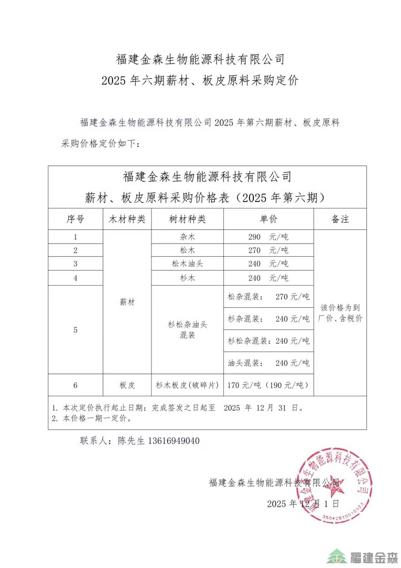福建金森生物能源科技有限公司 2025年六期薪材、板皮原料采購定價
